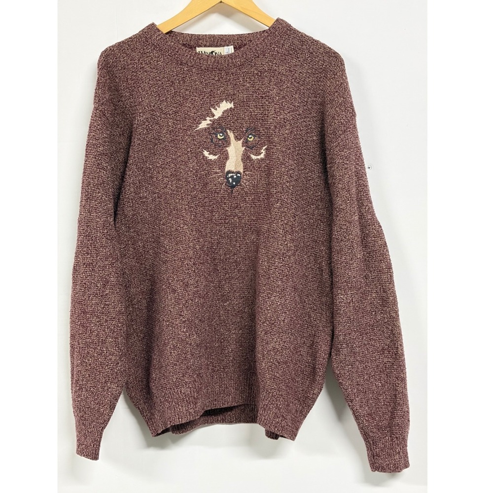 Vintage Winona Knits Wolf Embroidered Sweater Mens Large Burgundy Made in USA